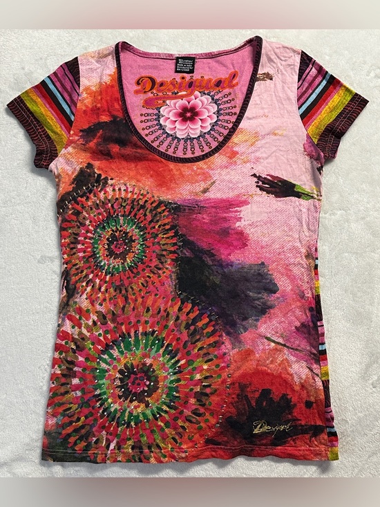 Desigual Tops - Y2K DESIGUAL women's pink multi colour striped abstract print tee, L.